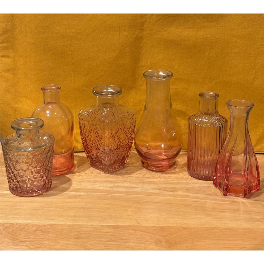 Set of 6 Pink Glass Bud Vases Assorted Textures and Shapes Rose Toned Decor